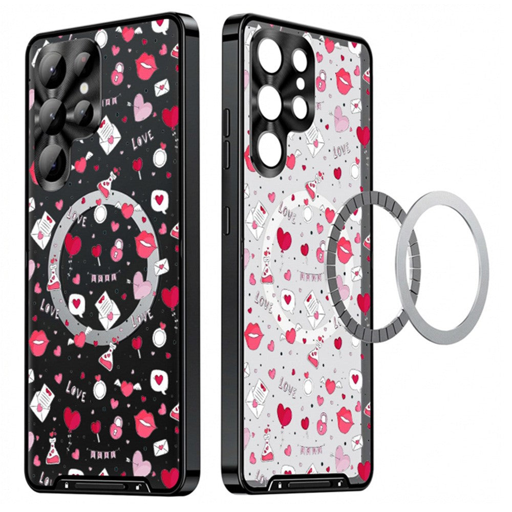 For Samsung Galaxy S25 Ultra Magnetic Case Heart Pattern PC + TPU Phone Cover with Lens Film
