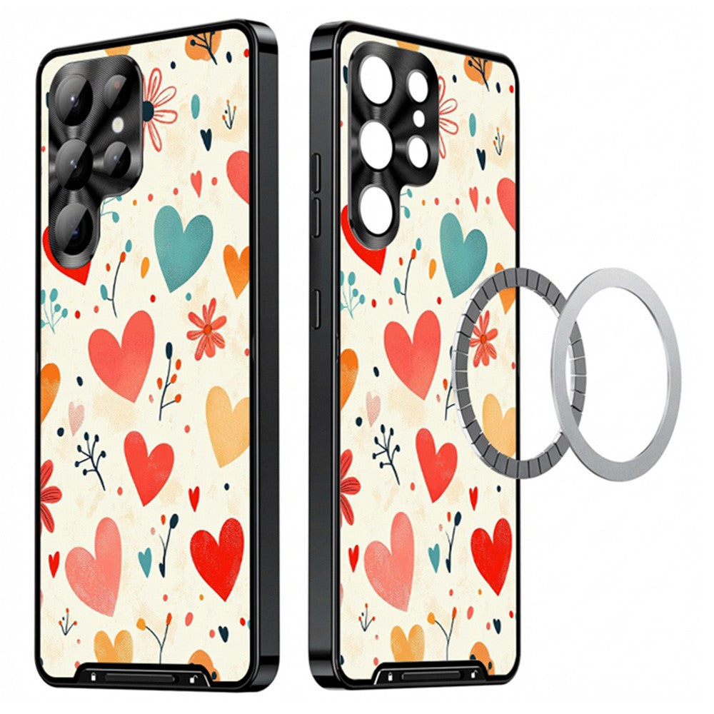 For Samsung Galaxy S25 Ultra Magnetic Case Heart Pattern PC + TPU Shockproof Phone Cover with Lens Film