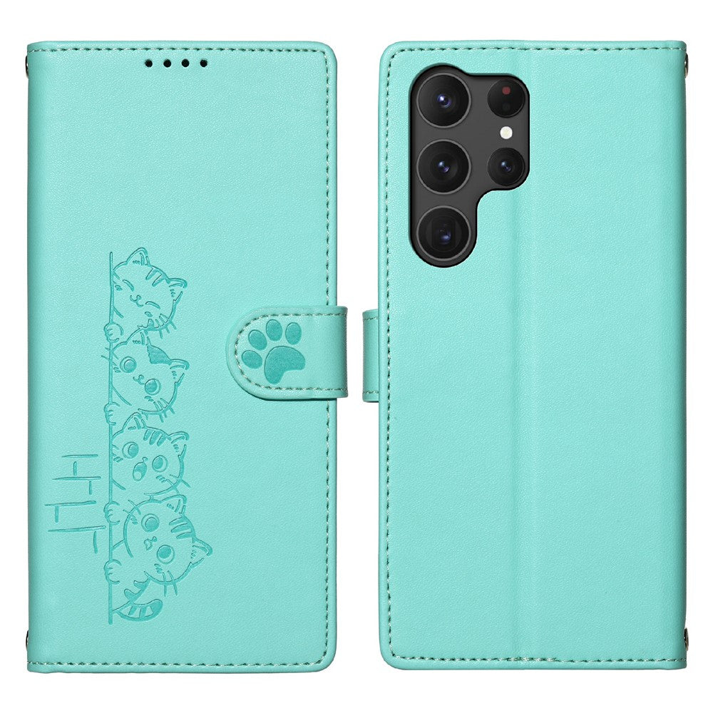 For Samsung Galaxy S25 Ultra Case Adorable Cat Pattern PU Leather Wallet Phone Cover with Wrist Strap