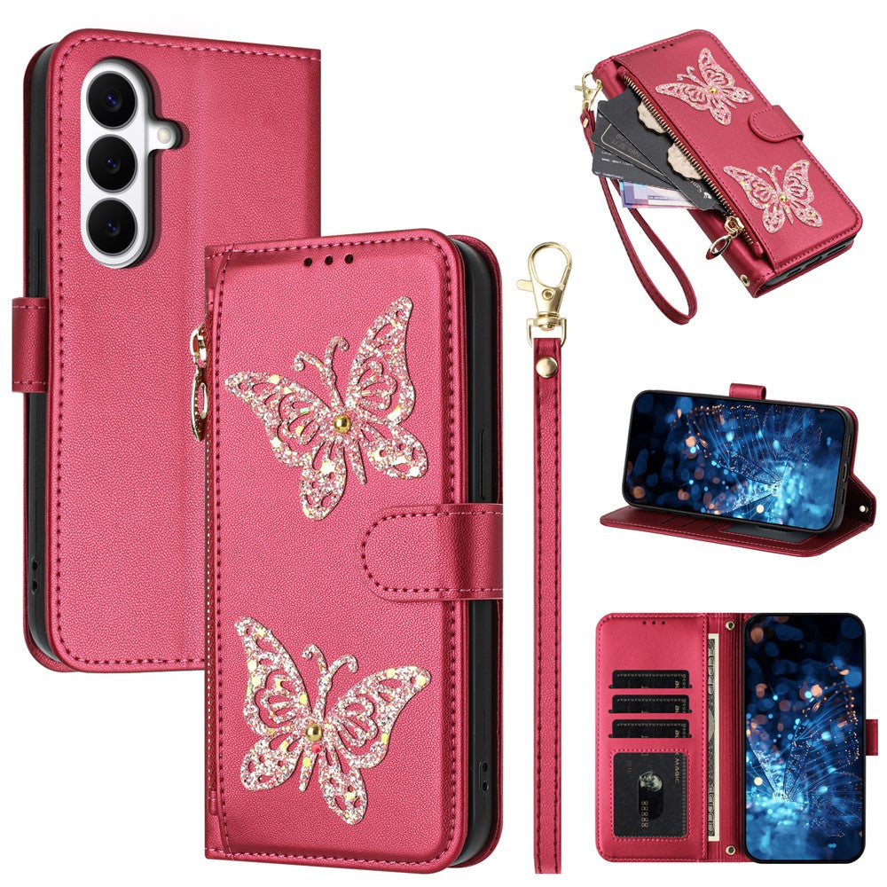 For Samsung Galaxy S26+ Case Glitter Butterfly Zipper Pocket Stand Leather Phone Cover with Hand Strap / Shoulder Strap