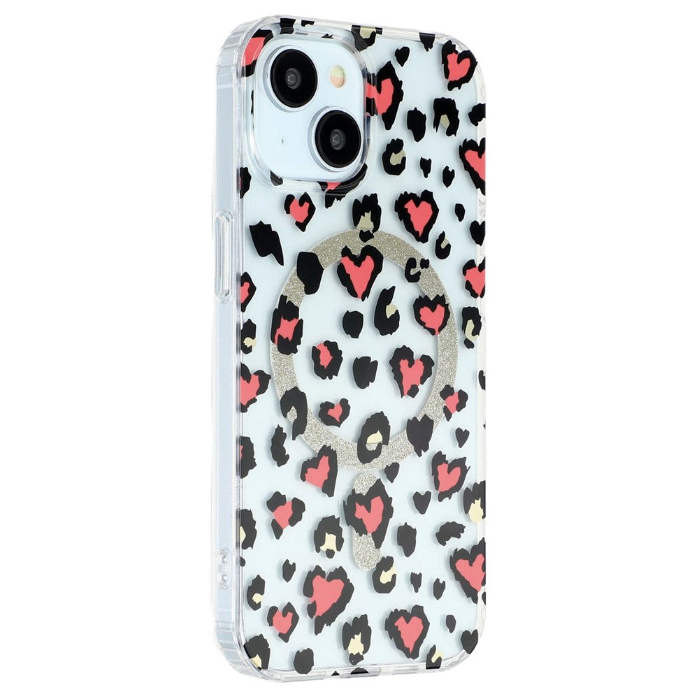 For iPhone 14 Magnetic Case Clear Anti-Yellowing PC + TPU Phone Back Cover Leopard Print Design