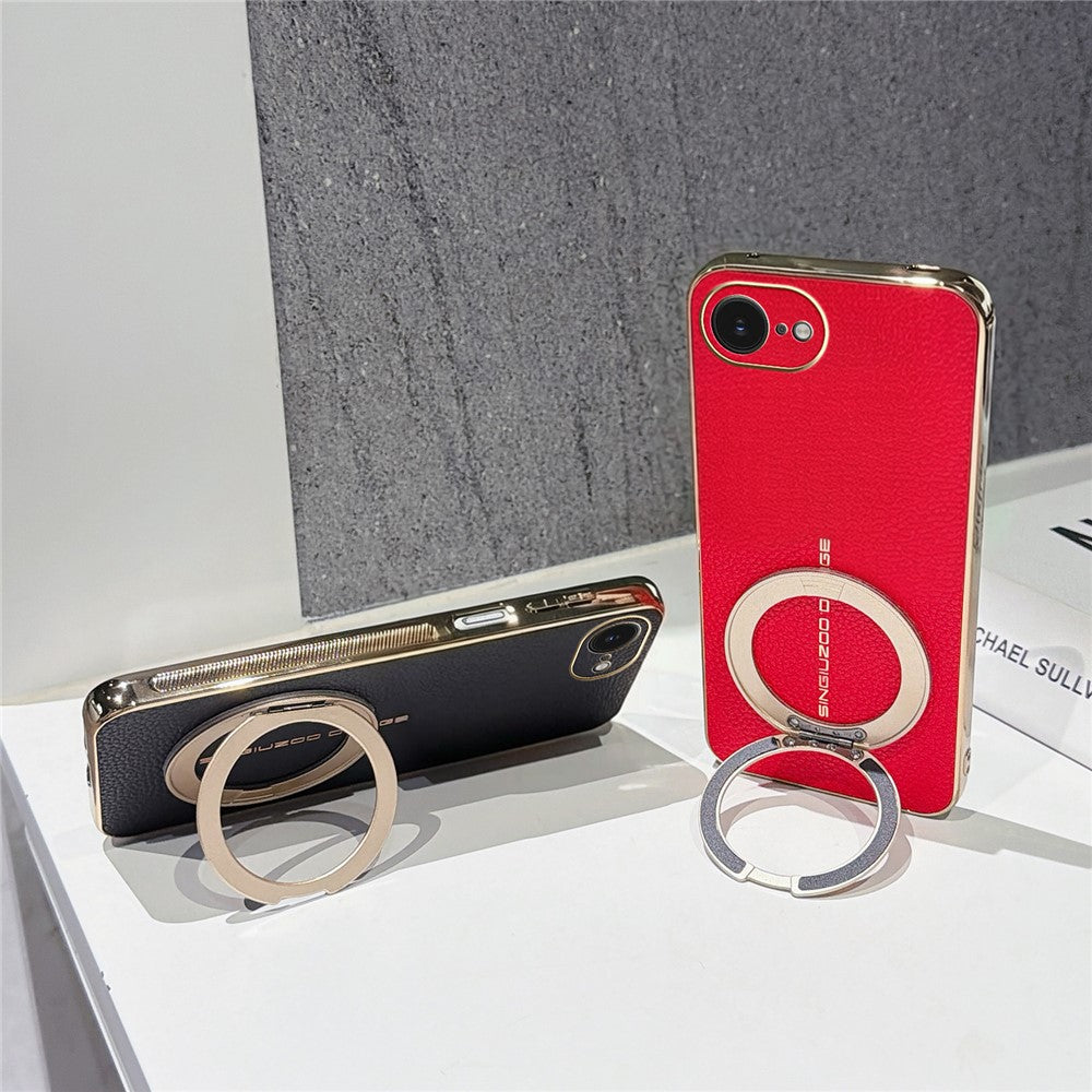 Magnetic Case For iPhone 17e / 16e Litchi Pattern TPU PU Cover with Electroplated Metal Ring Kickstand