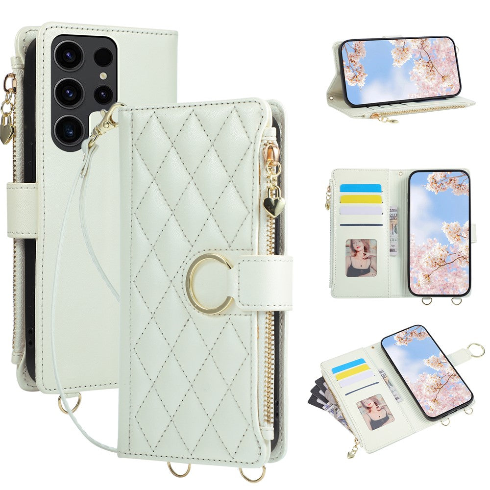 For Samsung Galaxy S25 Ultra Case Magnetic Ring Buckle Zipper Pocket Rhombic Leather Phone Cover with Wrist Strap