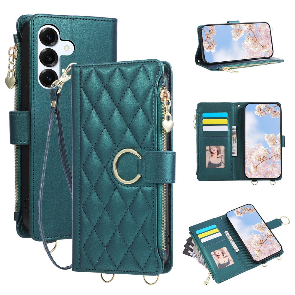 For Samsung Galaxy S26+ Case Magnetic Ring Buckle Zipper Pocket Rhombic Leather Phone Cover with Wrist Strap