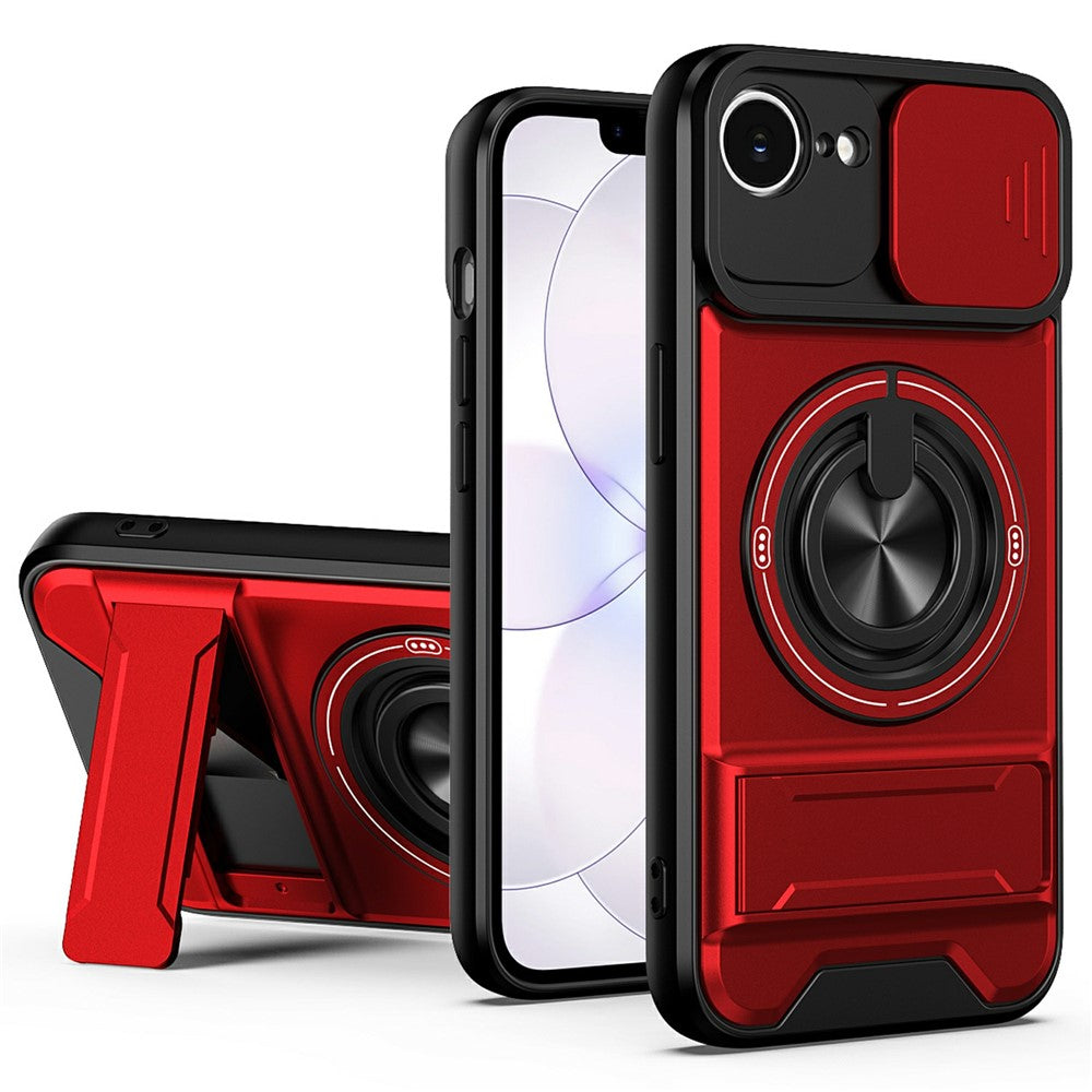 For iPhone 17e / 16e Magnetic Case Ring Holder Foldable Kickstand TPU PC Phone Cover with Camera Lens Slider