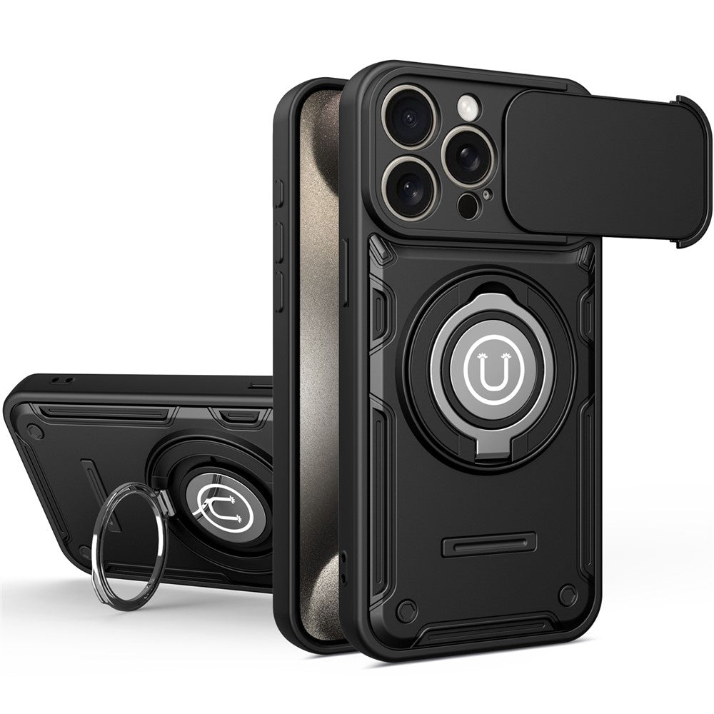 For iPhone 15 Pro Max Case with Slide Camera Cover Ring Kickstand PC + TPU Phone Shell
