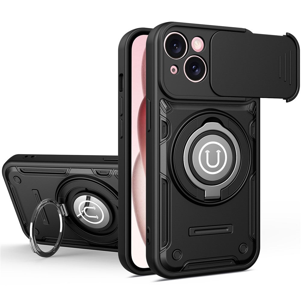 For iPhone 15 Case with Slide Camera Cover Ring Kickstand PC + TPU Phone Shell