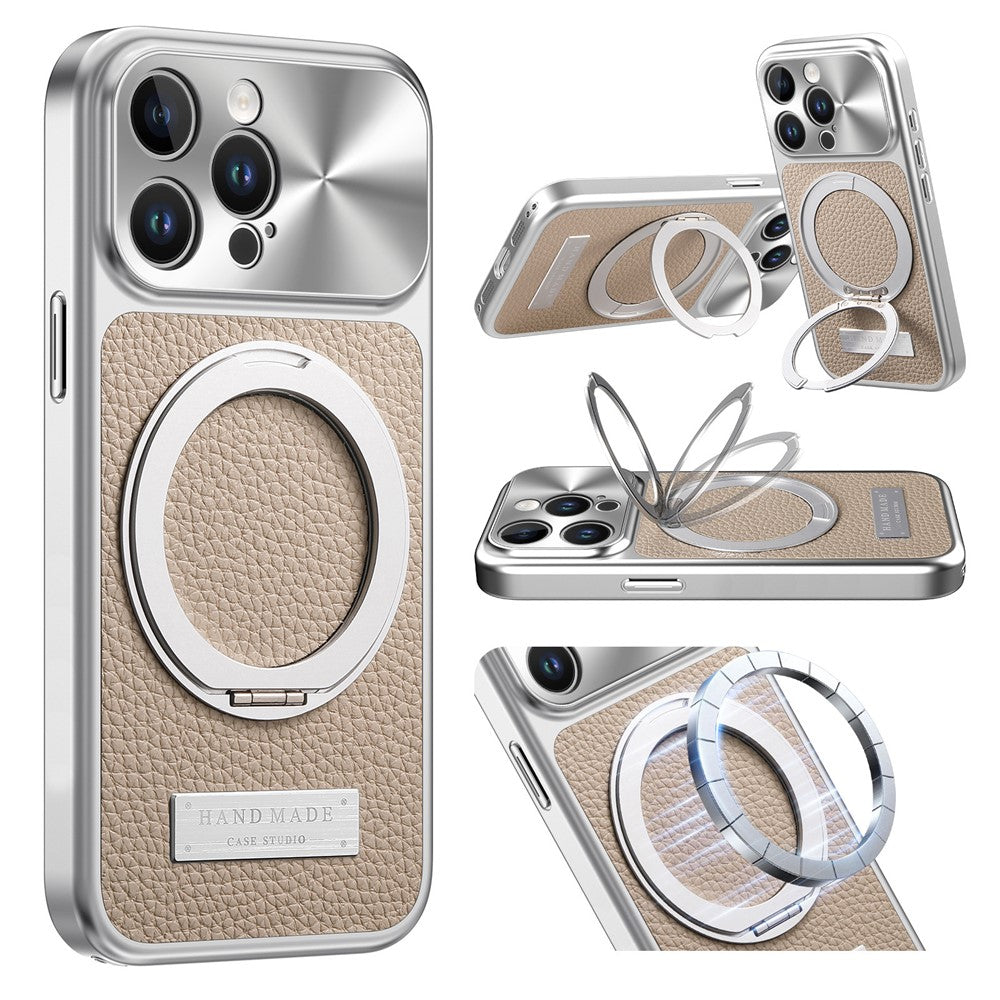 For iPhone 15 Pro Max Magnetic Case Kickstand TPU+PC+PU Leather Litchi Texture Phone Back Cover