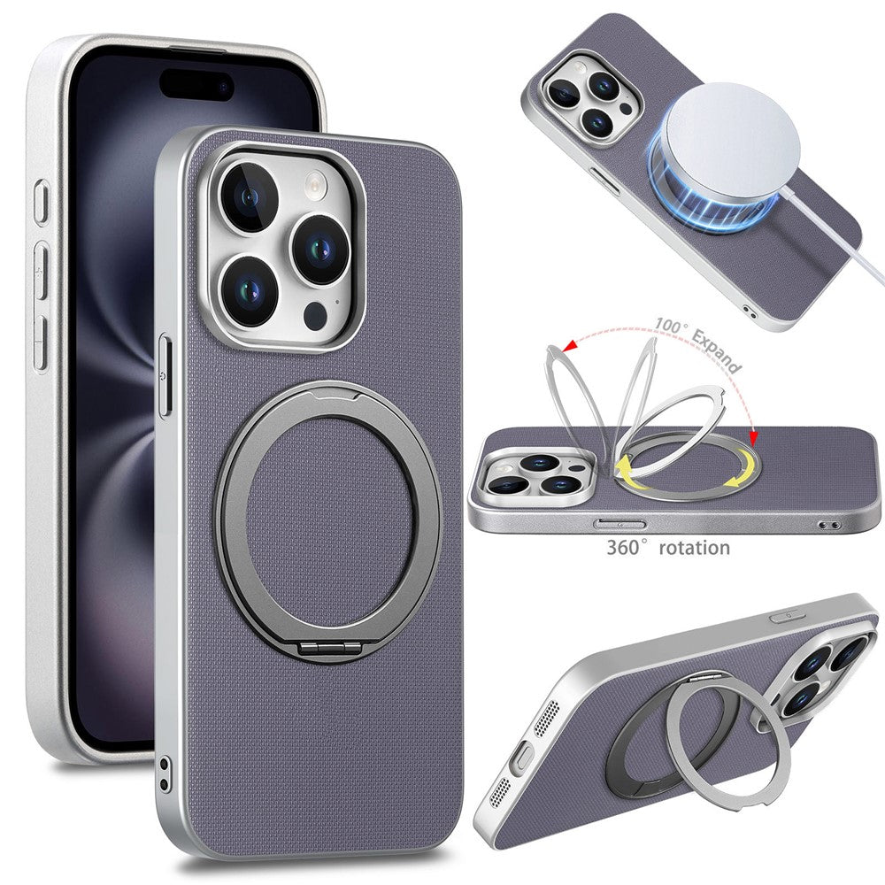 For iPhone 15 Pro Max Magnetic Case Ring Kickstand Fine Grid Texture Leather + PC + TPU Phone Cover