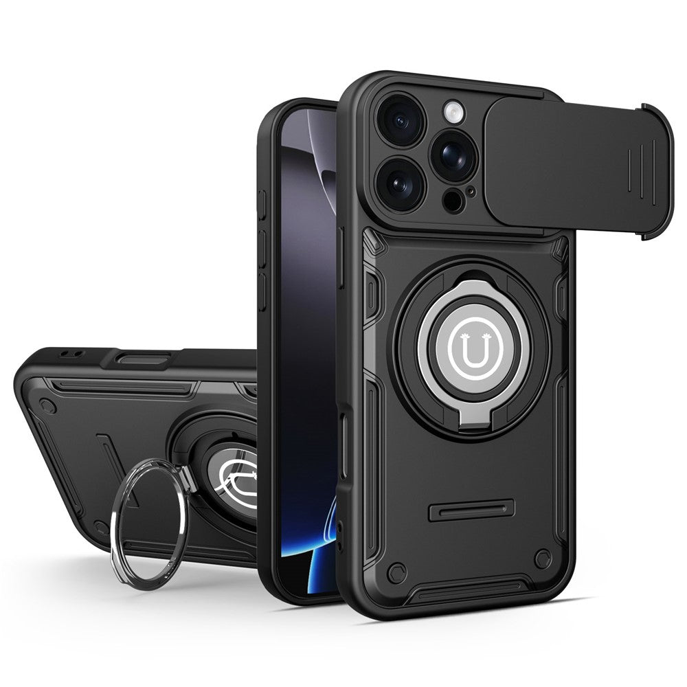 For iPhone 16 Pro Case with Slide Camera Cover Ring Kickstand PC + TPU Phone Shell
