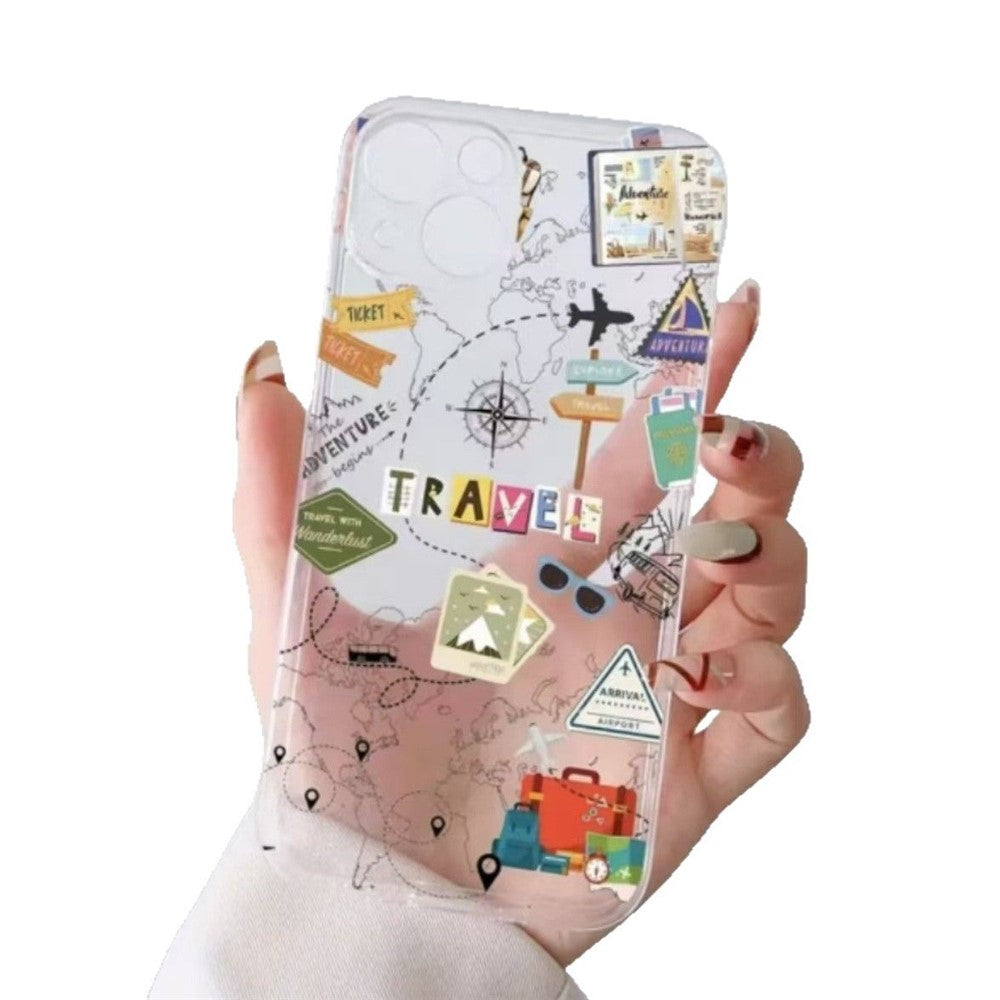 For iPhone 14 Plus Case Travel Map Aircraft Pattern Clear TPU Shockproof Phone Cover