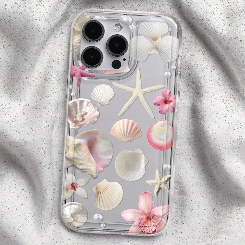 For iPhone 14 Case Floral Starfish Shell Pattern Clear TPU Protective Phone Cover
