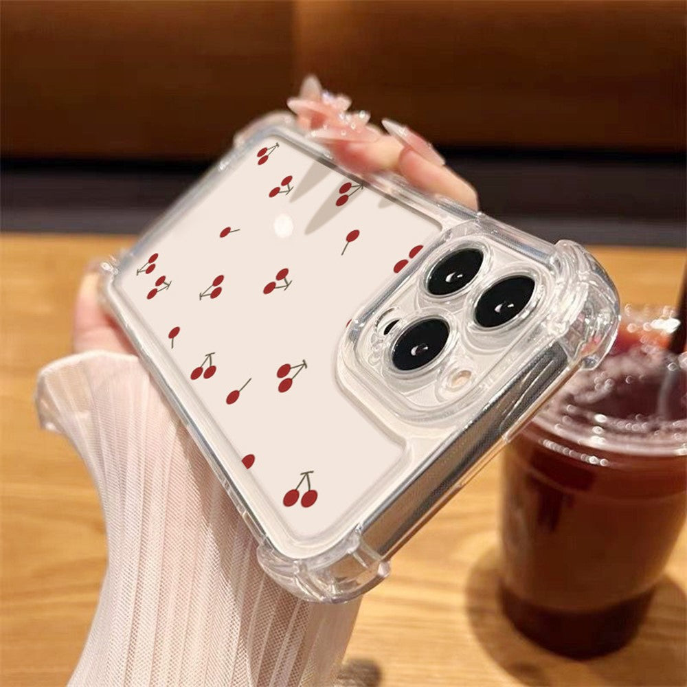 For iPhone 14 Case Cherry Pattern Four Corner Protection Clear TPU Phone Cover
