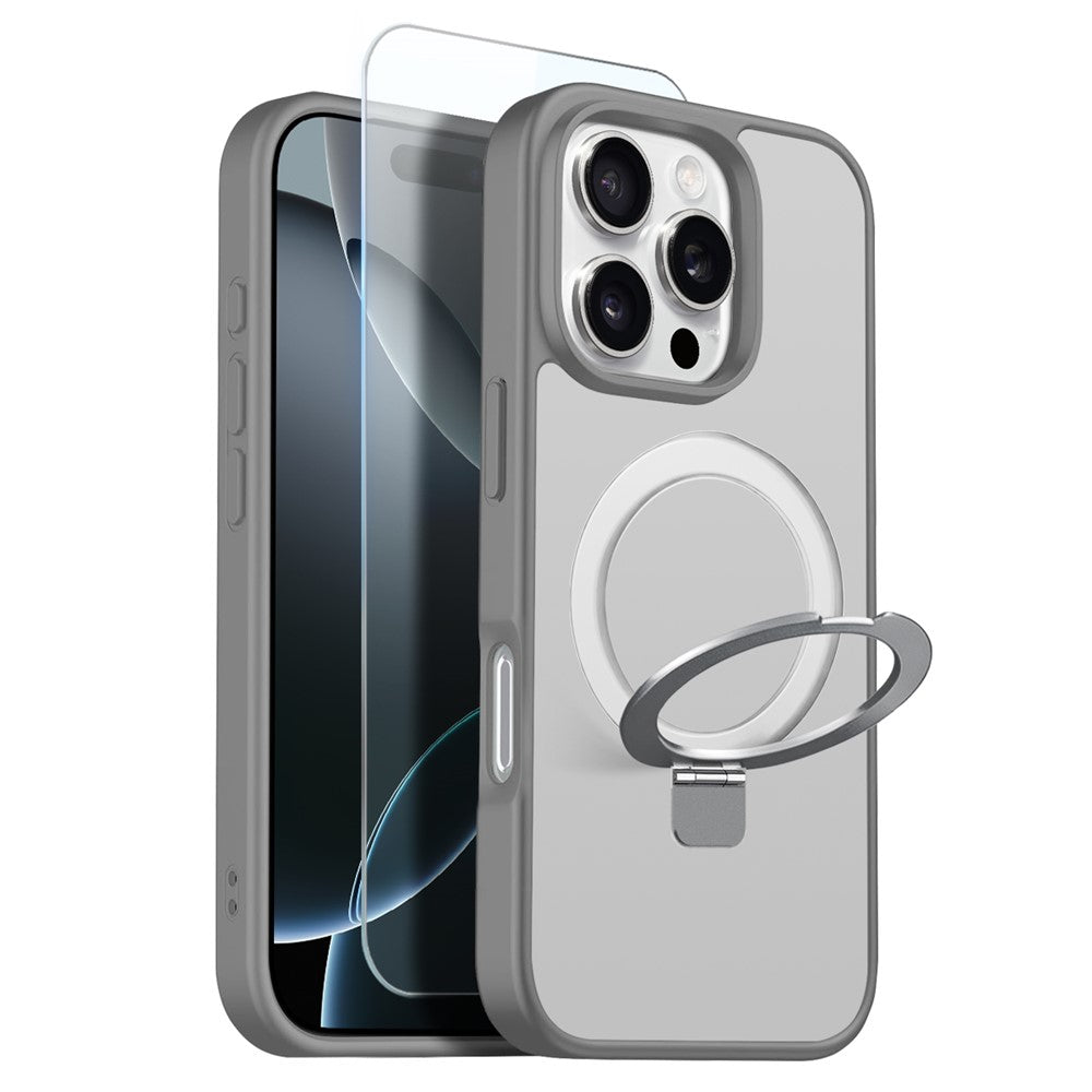 NORTHJO For iPhone 16 Pro Max Case with Invisible Magnetic O-Ring Stand Compatible with MagSafe Translucent Matte Shockproof Phone Cover with Tempered Glass Film