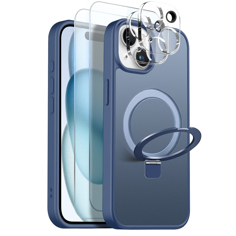 NORTHJO For iPhone 15 Plus Case with Magnetic Stand Compatible with MagSafe Translucent Matte Shockproof Phone Cover with 2Pcs Tempered Glass Protector + 2Pcs Lens Film