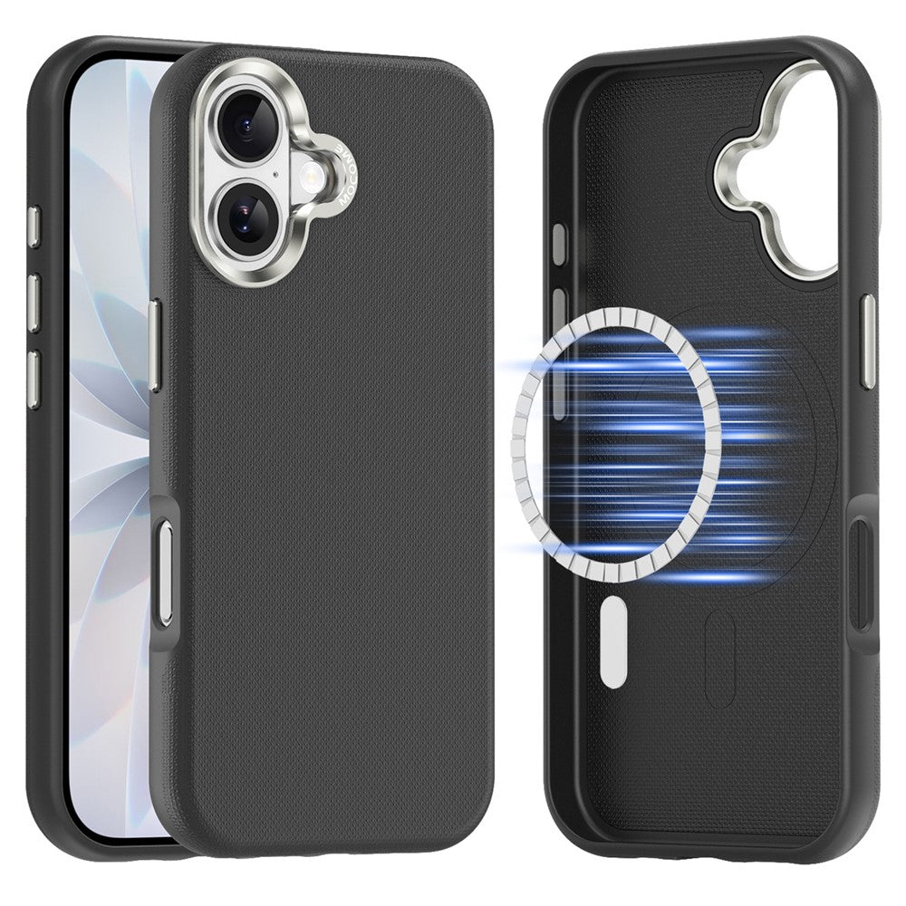 For iPhone 17 Magnetic Case Fine Grid Texture Leather Coated TPU PC Phone Cover with Metal Lens Frame