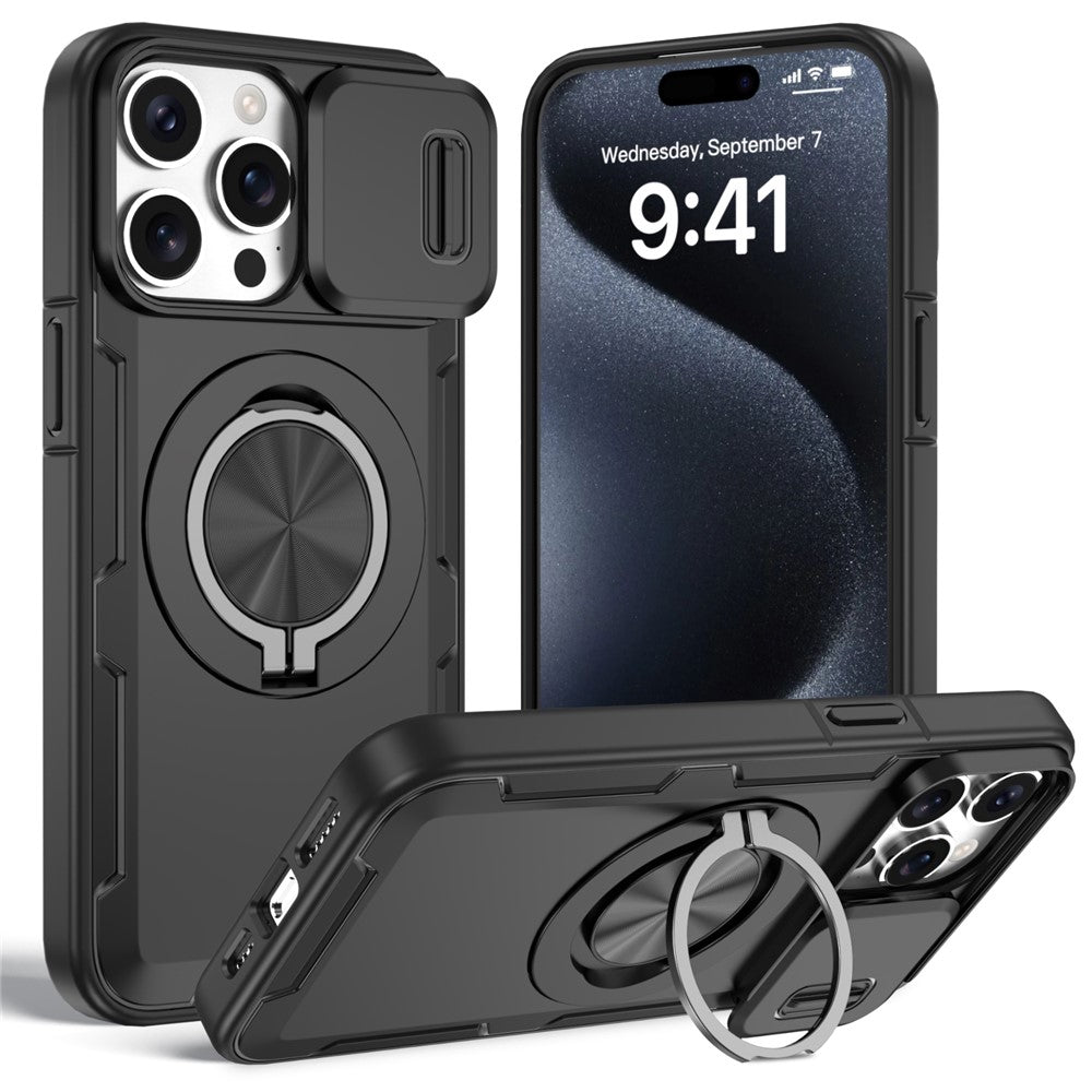 For iPhone 15 Pro Max Magnetic Case Slide Camera Cover Rotary Kickstand PC + TPU Phone Shell