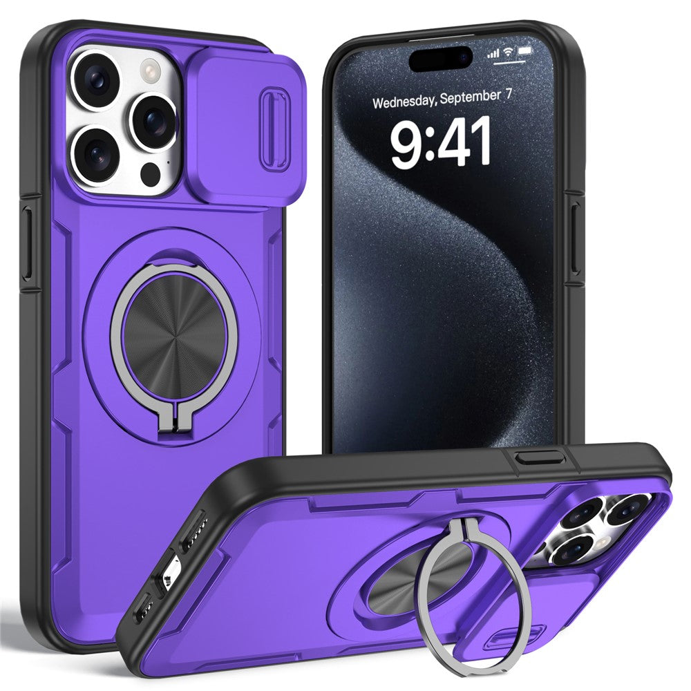 For iPhone 15 Pro Magnetic Case Slide Camera Cover Rotary Kickstand PC + TPU Phone Shell