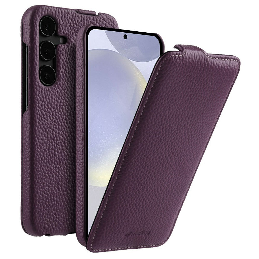 MELKCO For Samsung Galaxy S26+ Magnetic Case Vertical Flip Genuine Cow Leather + PC Phone Cover