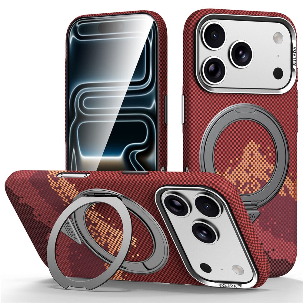 SULADA for iPhone 17 Pro Max Magnetic Case 360° Rotating Ring Kickstand Golden Mountain Pattern PC Slim Phone Cover