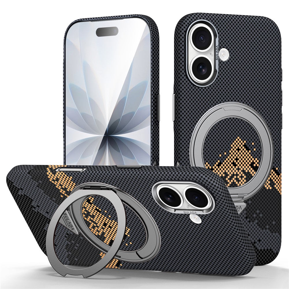SULADA for iPhone 17 Magnetic Case 360° Rotating Ring Kickstand Golden Mountain Pattern PC Slim Phone Cover