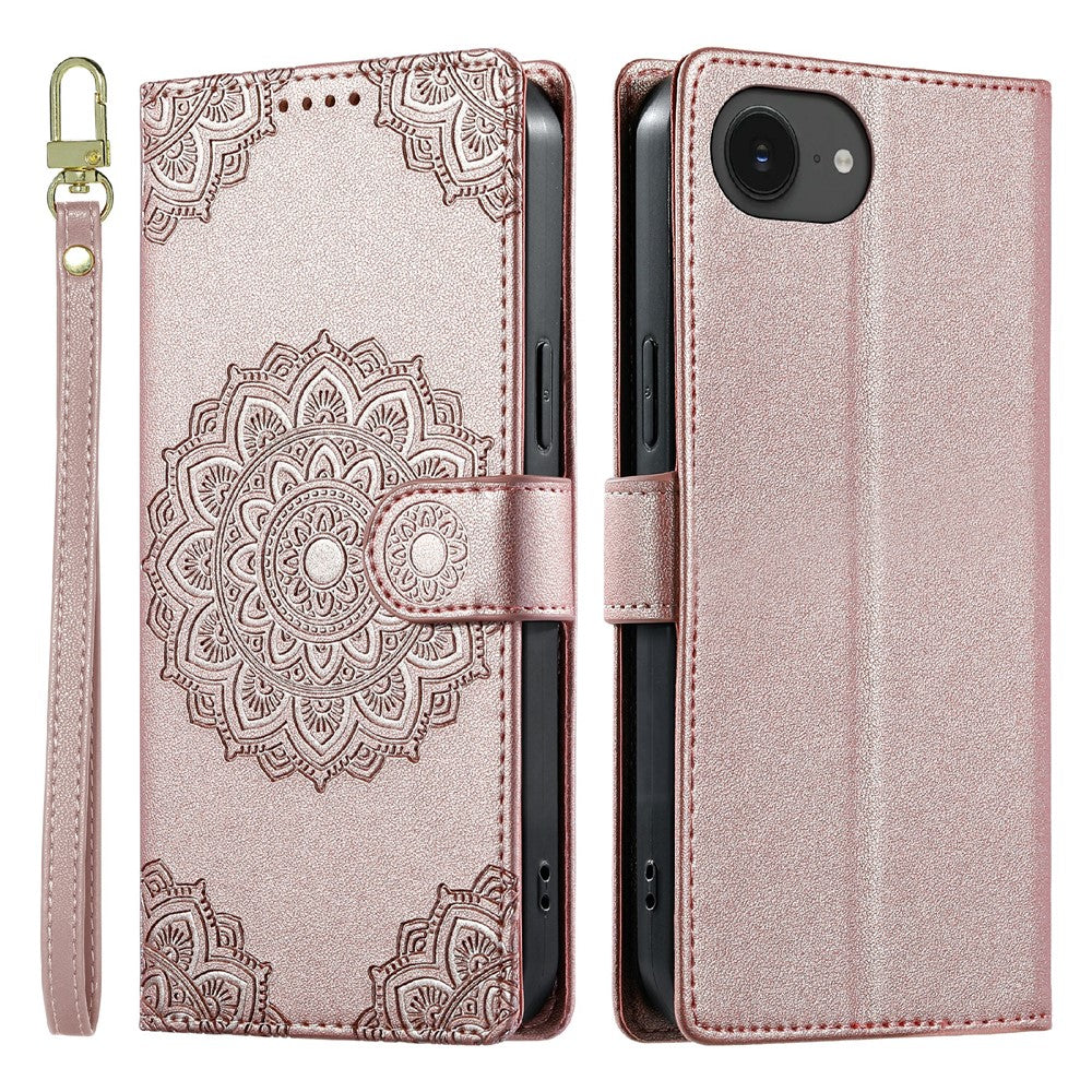 For iPhone 17e / 16e Case Embossed Totem Leather Flip Wallet Phone Cover with Wrist Strap