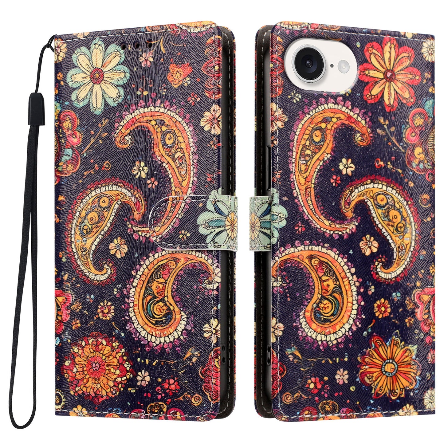For iPhone 16e / iPhone 17e Case Pattern Printed PU Leather Flip Wallet Phone Cover with Wrist Strap
