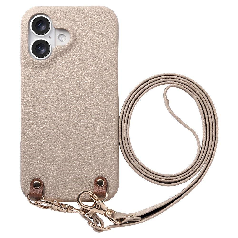 For iPhone 17 Litchi Pattern Case with Lanyard Shockproof PC PU Leather Cover