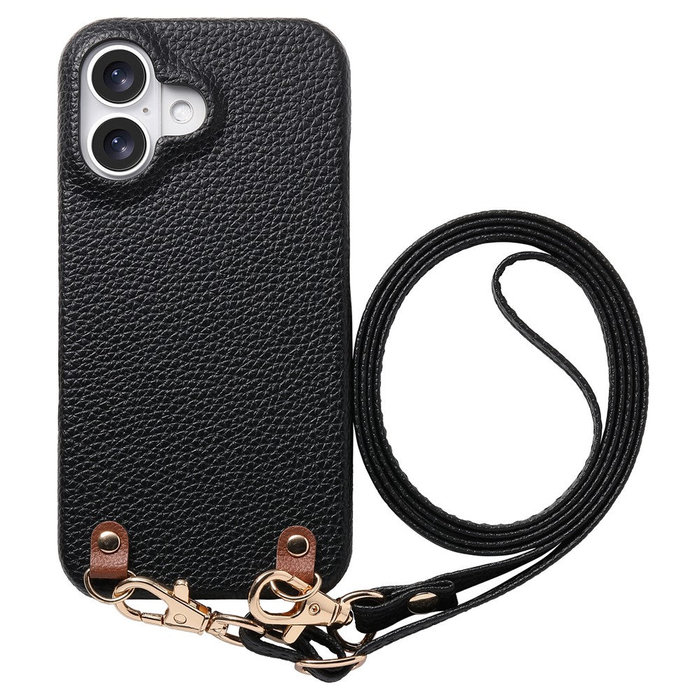For iPhone 16 Litchi Pattern Case with Lanyard Shockproof PC PU Leather Cover