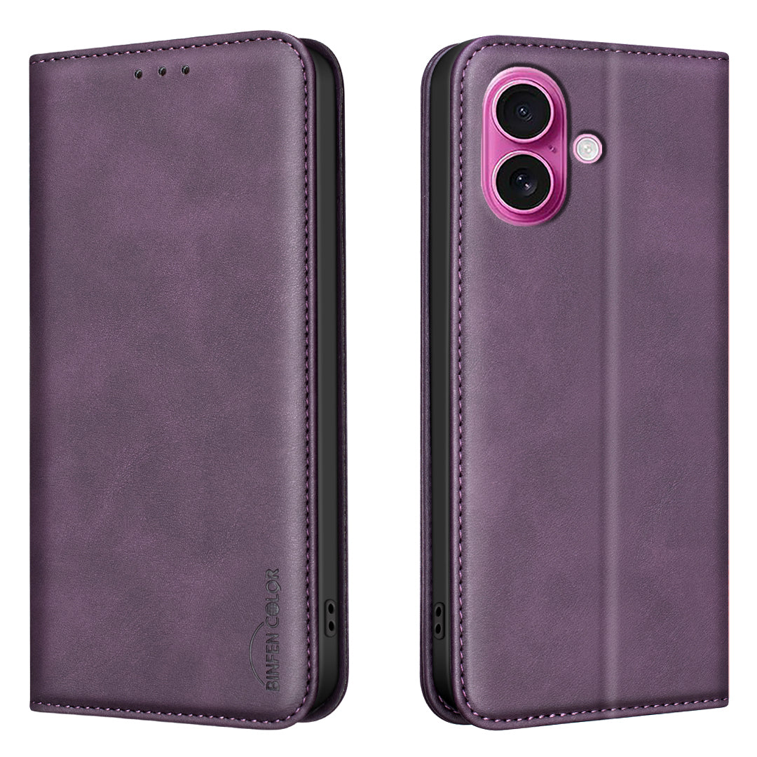 BINFEN COLOR for iPhone 16 RFID Blocking Calf Texture PU Leather Phone Cover