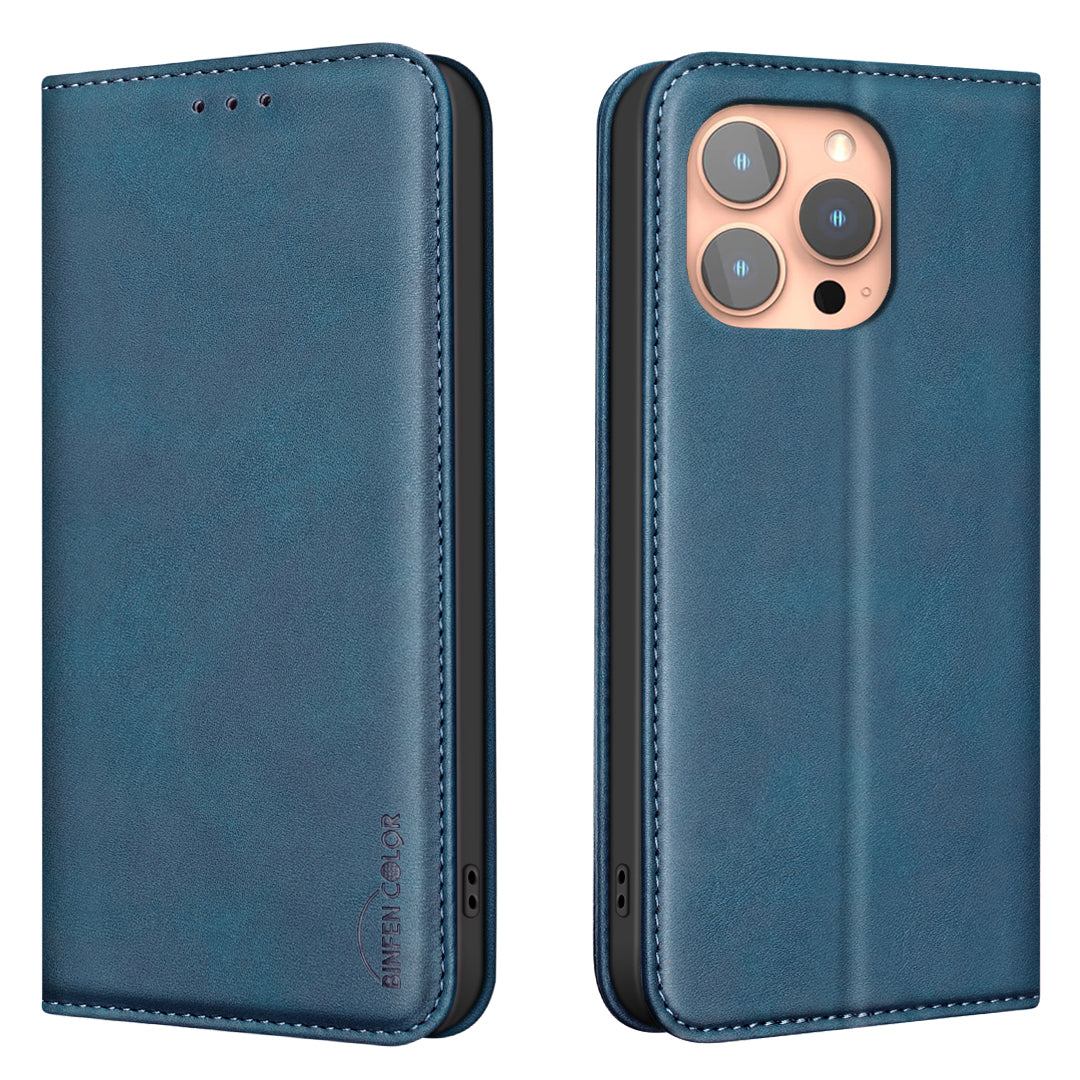 BINFEN COLOR for iPhone 16 Pro RFID Blocking Calf Texture PU Leather Phone Cover