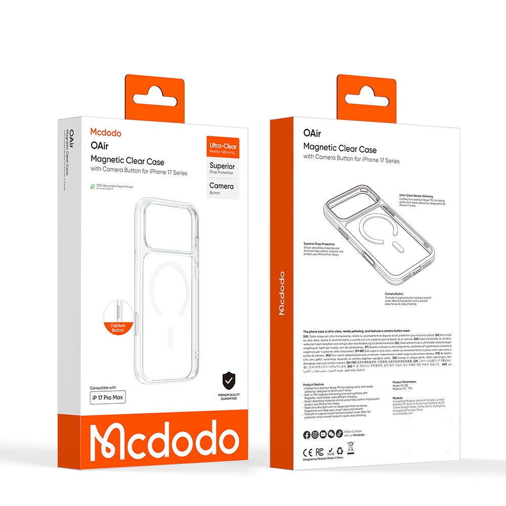 MCDODO PC-1825 for iPhone 17 Pro Magnetic Case with Camera Button Shockproof PC + TPU Phone Cover