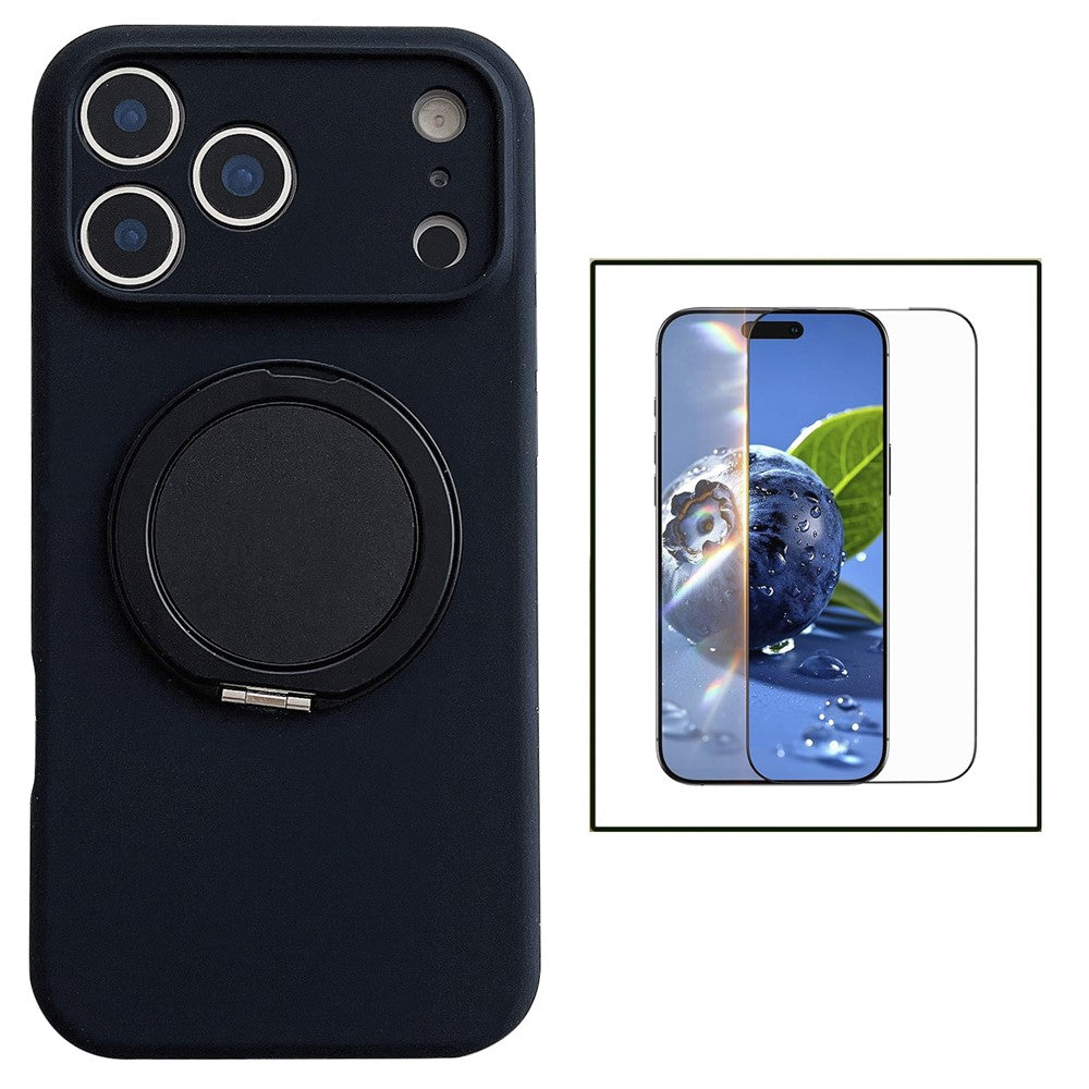 For iPhone 17 Pro Max Magnetic Case Rotatable Kickstand Liquid Silicone Phone Cover with Tempered Glass Screen Protector