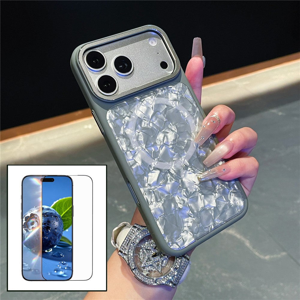 For iPhone 17 Pro Magnetic Case Shell Pattern TPU Shockproof Phone Cover with Tempered Glass Screen Protector