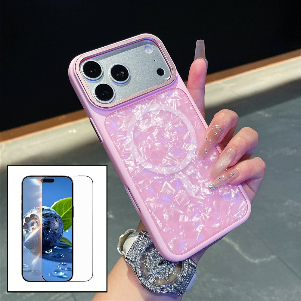 For iPhone 17 Pro Max Magnetic Case Shell Pattern TPU Shockproof Phone Cover with Tempered Glass Screen Protector