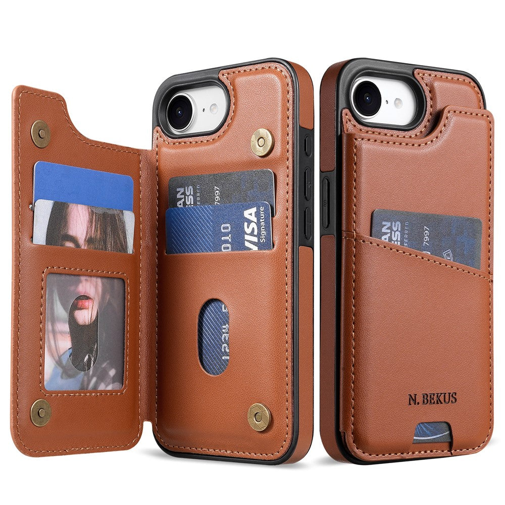 N.BEKUS P4 for iPhone 16e / 17e Case Magnetic Buttons Leather + TPU Phone Cover with Card Holder Kickstand