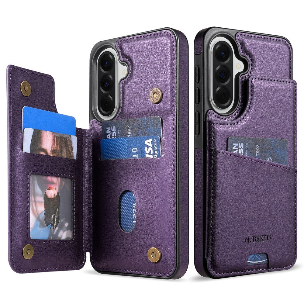 N.BEKUS P4 for Samsung Galaxy S26+ Case Magnetic Buttons Leather + TPU Phone Cover with Card Holder Kickstand