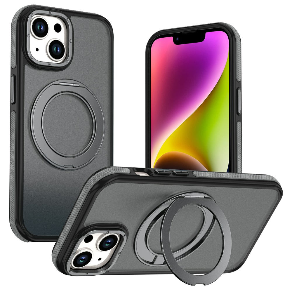 For iPhone 13 / 14 Magnetic Case Double Color Rotating Ring Kickstand PC + TPU Phone Cover