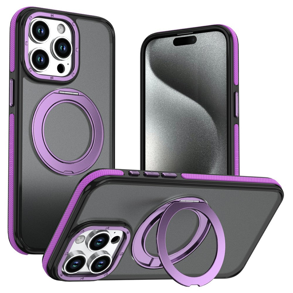 For iPhone 15 Pro Magnetic Case Double Color Rotating Ring Kickstand PC + TPU Phone Cover