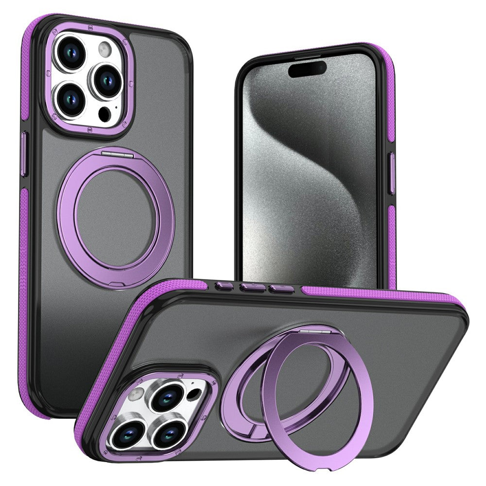 For iPhone 15 Pro Max Magnetic Case Double Color Rotating Ring Kickstand PC + TPU Phone Cover