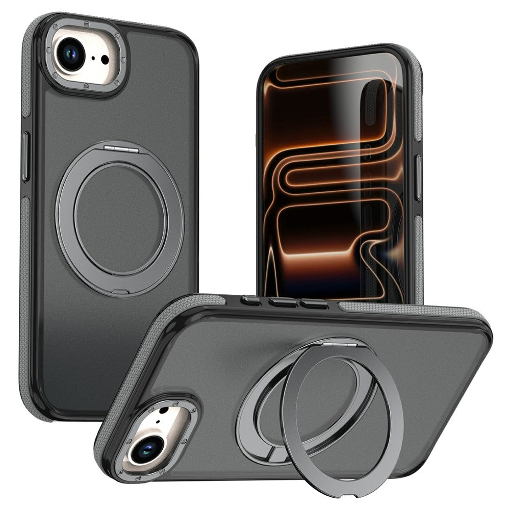 For iPhone 16e / 17e Magnetic Case Double Color Rotating Ring Kickstand PC + TPU Phone Cover