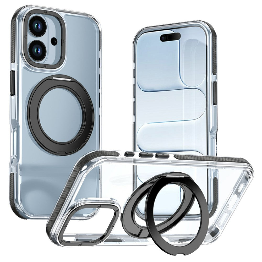 For iPhone 17 Magnetic Case Rotating Ring Kickstand Dual Color Acrylic + TPU Clear Phone Cover