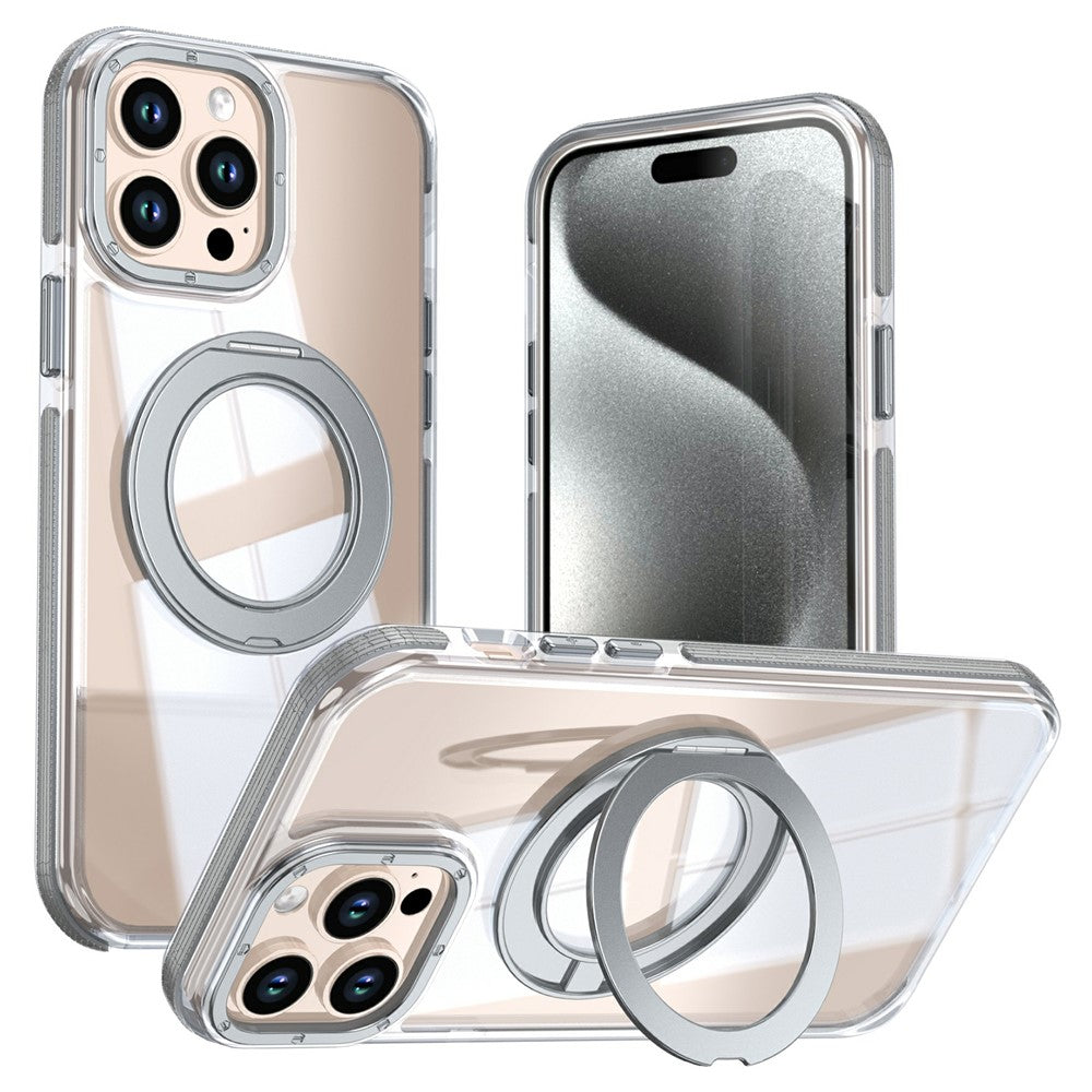 For iPhone 15 Pro Magnetic Case Rotating Ring Kickstand Dual Color Acrylic + TPU Clear Phone Cover