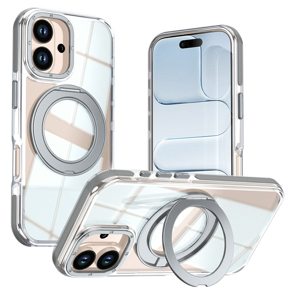 For iPhone 16 Magnetic Case Rotating Ring Kickstand Dual Color Acrylic + TPU Clear Phone Cover