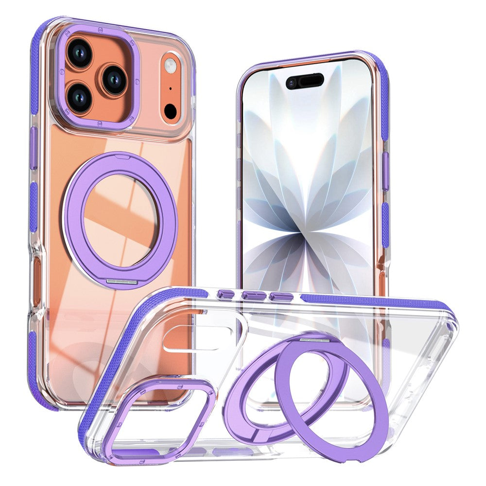 For iPhone 17 Pro Magnetic Case Rotating Ring Kickstand Dual Color Acrylic + TPU Clear Phone Cover