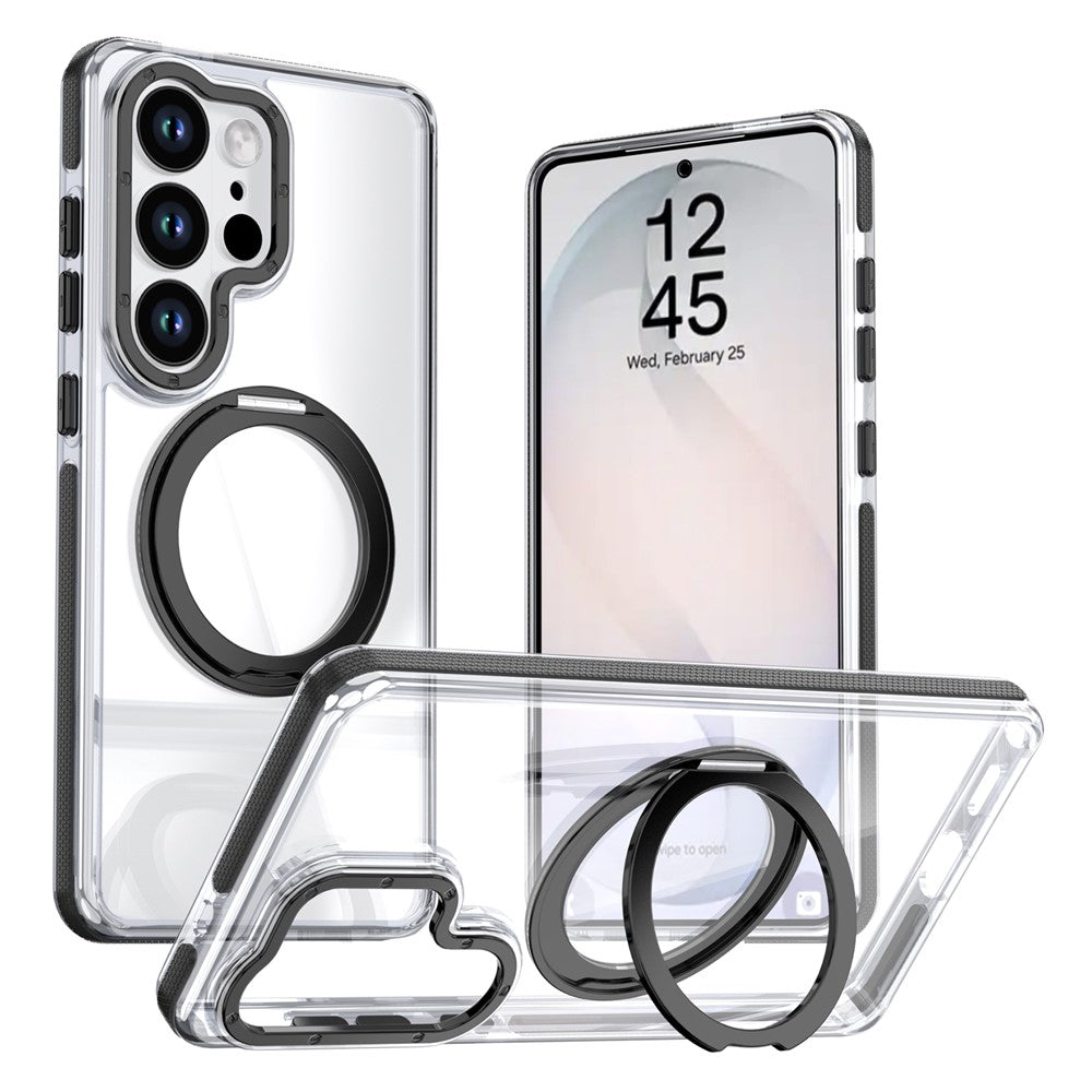 For Samsung Galaxy S25 Ultra Magnetic Case Rotating Ring Kickstand Dual Color Acrylic + TPU Clear Phone Cover