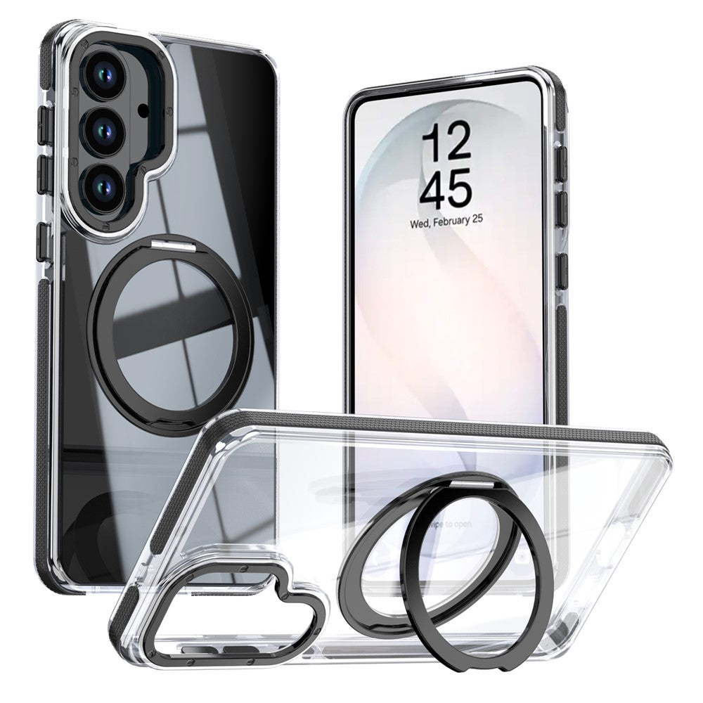 For Samsung Galaxy S26+ Magnetic Case Rotating Ring Kickstand Dual Color Acrylic + TPU Clear Phone Cover
