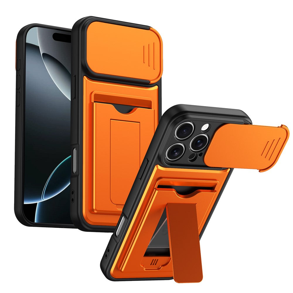 For iPhone 16 Pro Max Case Slide Camera Cover Kickstand PC + TPU Phone Shell with Card Holder
