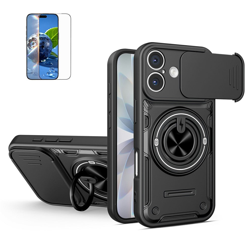For iPhone 16 Case Sliding Camera Cover Ring Kickstand PC + TPU Phone Shell with Tempered Glass Film