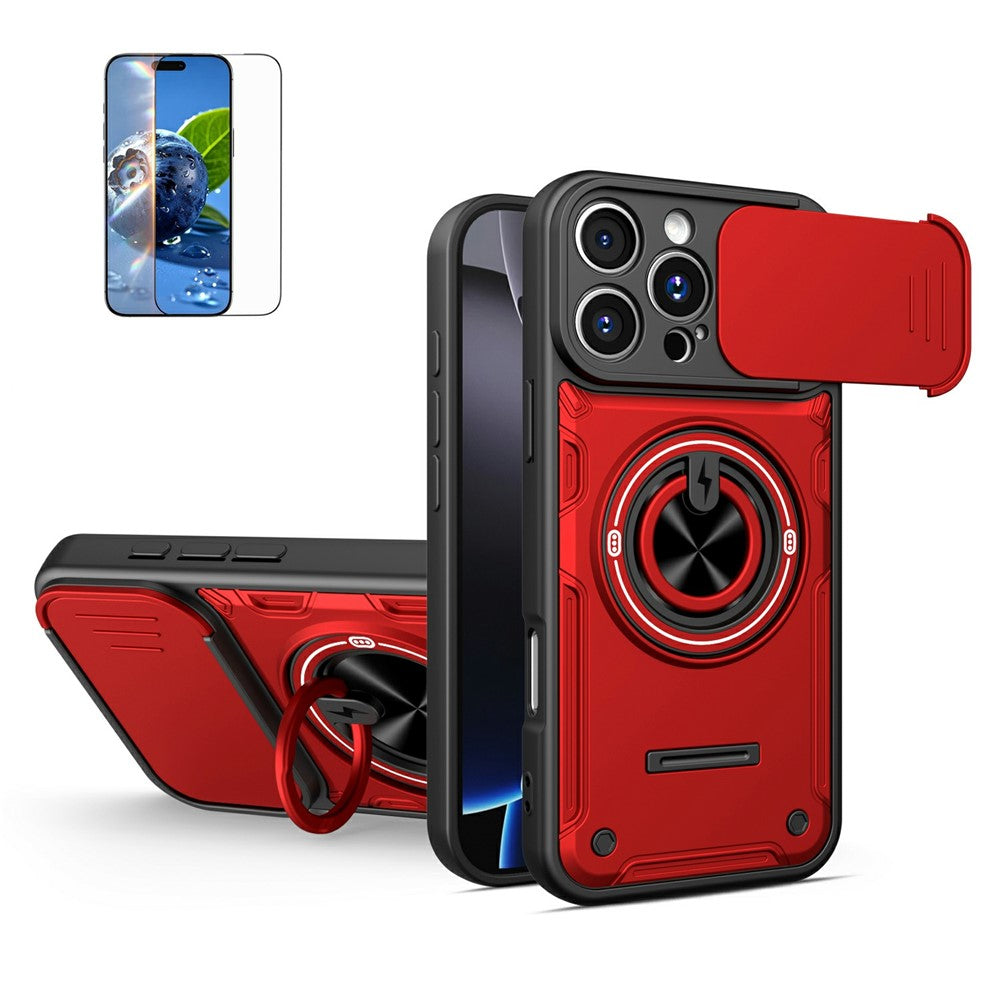 For iPhone 16 Pro Case Sliding Camera Cover Ring Kickstand PC + TPU Phone Shell with Tempered Glass Film